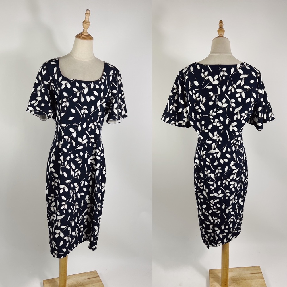SACHIN & BABI Navy Floral Leaf Flutter Sleeve Dress Womens 12